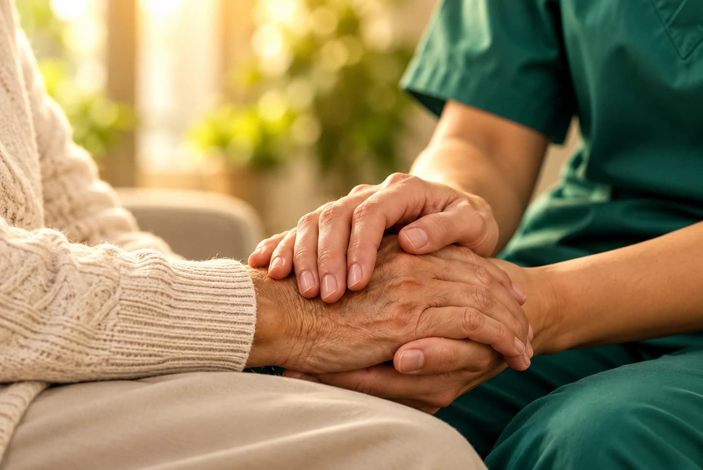 A healthcare professional gently holding an older adult’s hands