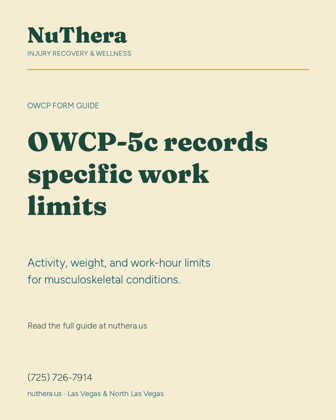 NuThera graphic: OWCP-5c records specific work limits, including activity, weight, and work-hour limits for musculoskeletal conditions.