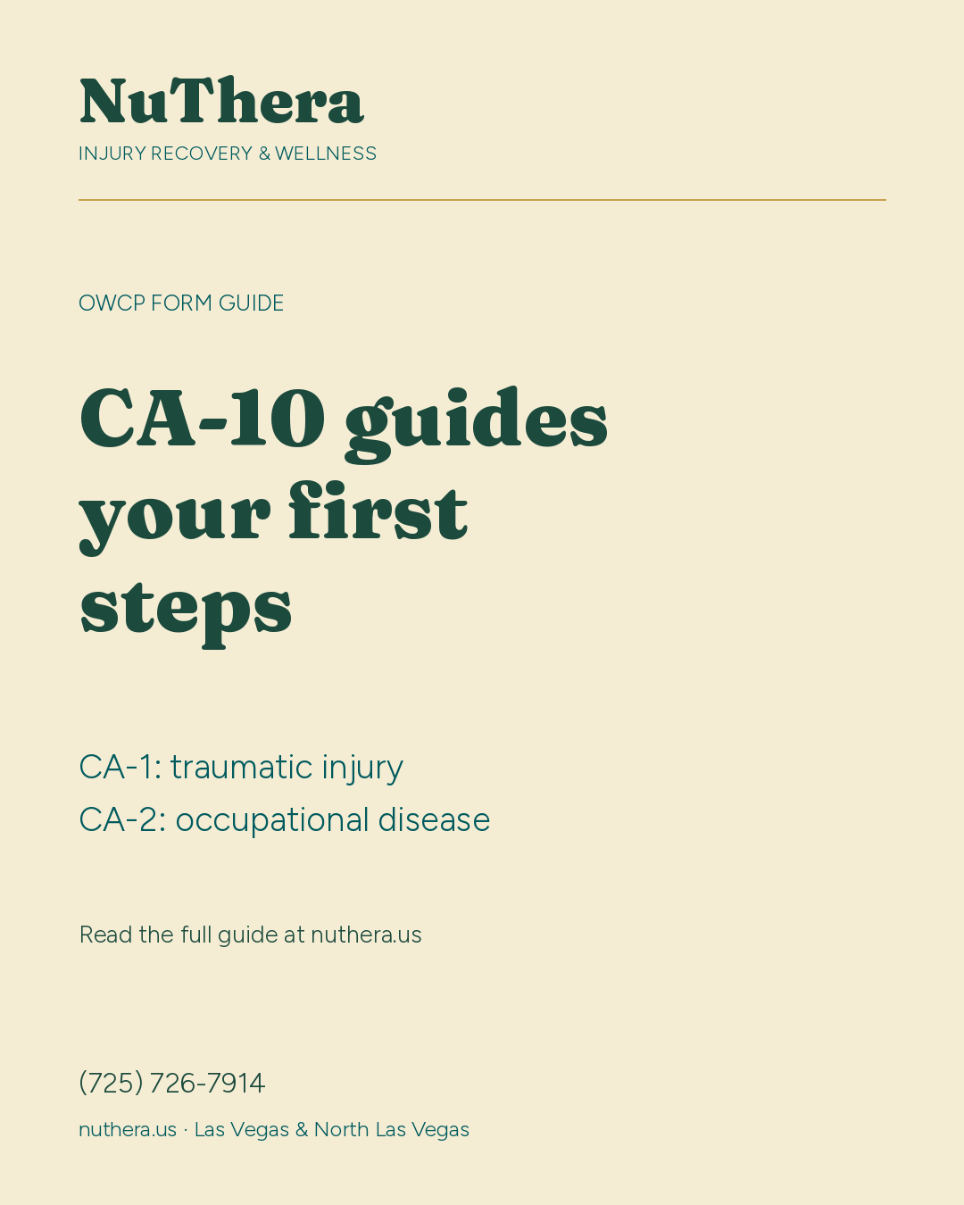 NuThera educational graphic: CA-10 guides a federal employee’s first steps after a work injury. CA-1 is for traumatic injury; CA-2 is for occupational disease.