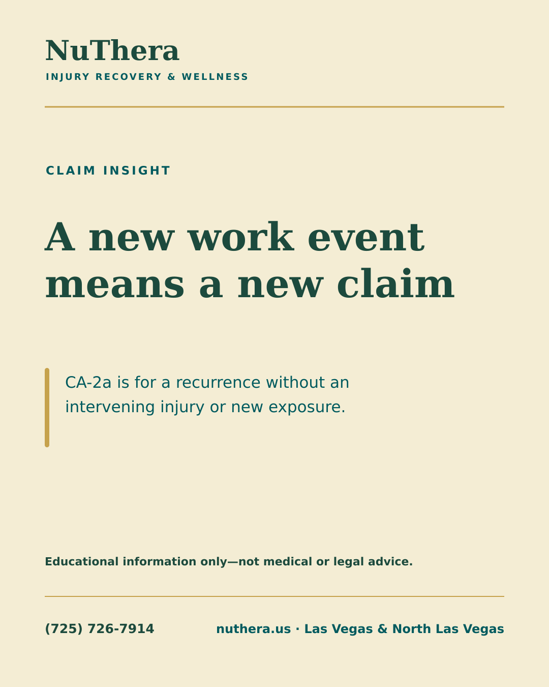 NuThera graphic explaining that a new work event means a new OWCP claim and CA-2a is for a recurrence without an intervening injury or exposure.