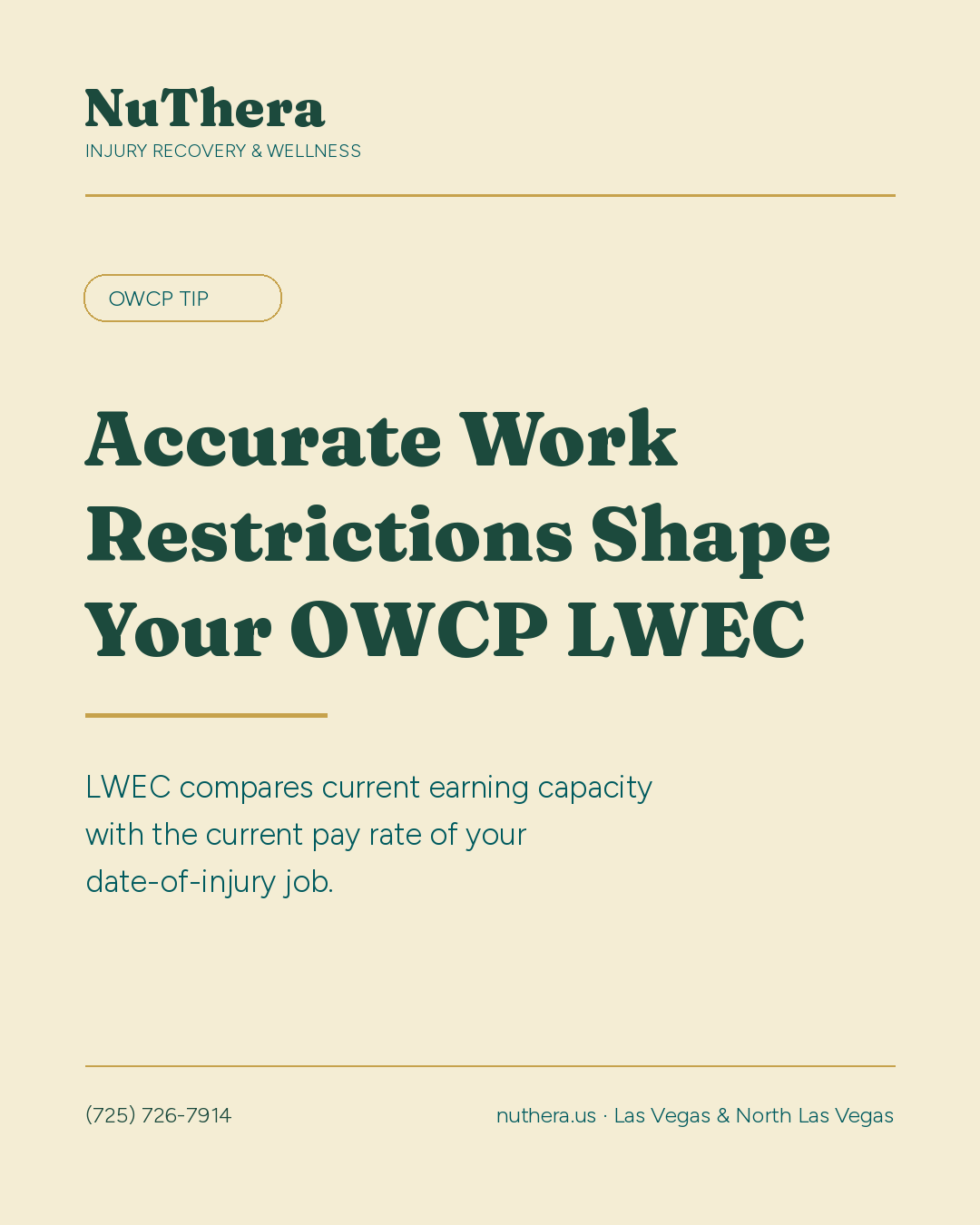 NuThera OWCP tip explaining that accurate work restrictions shape loss-of-wage-earning-capacity determinations.