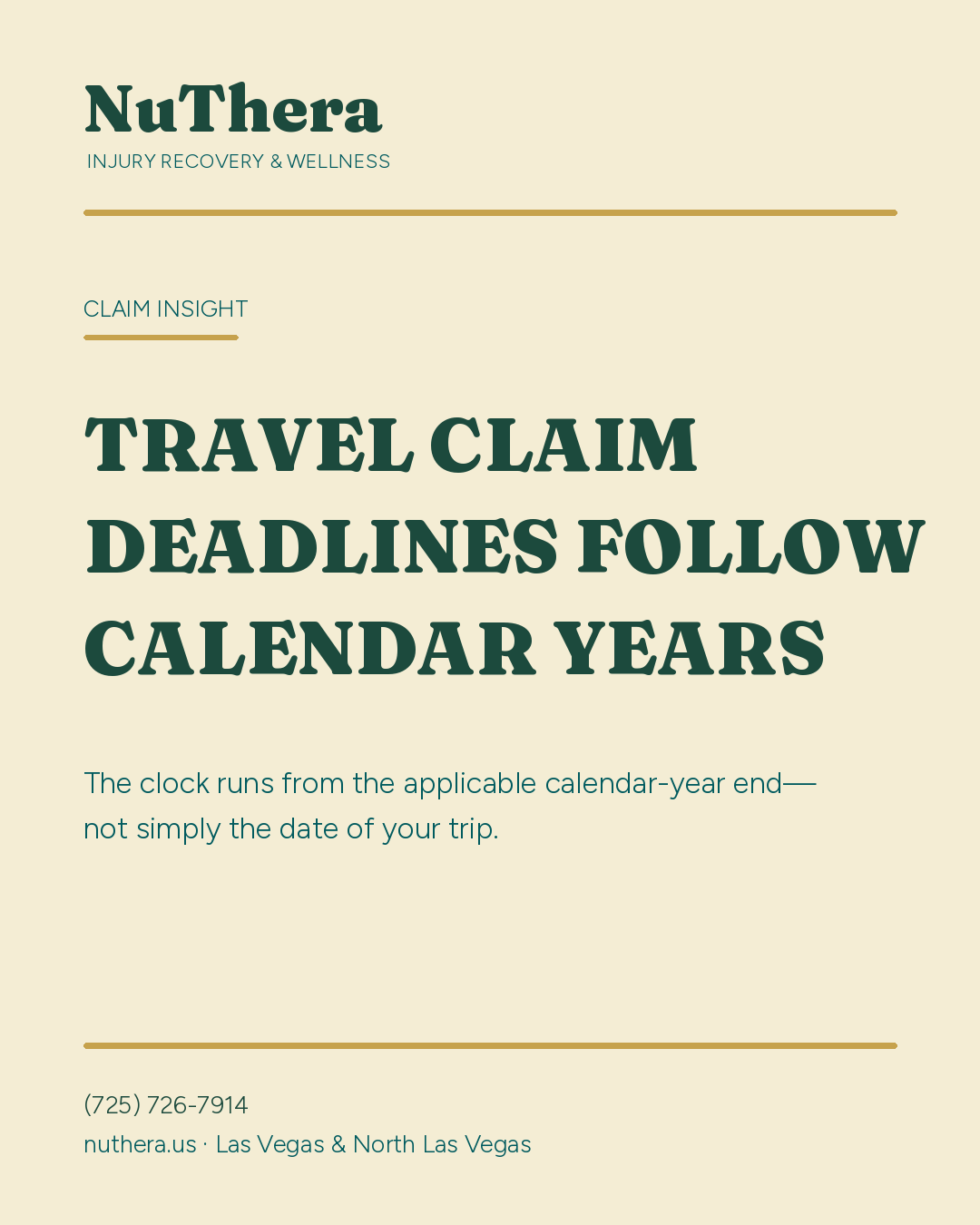 NuThera educational graphic explaining that OWCP travel-claim deadlines are measured from the applicable calendar-year end, not simply the trip date.